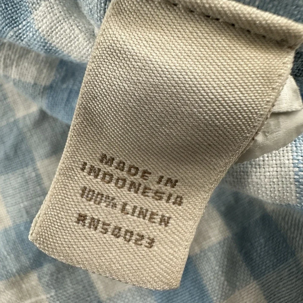 Banana Republic 100% Linen Shirt Men Medium White Blue Gingham Plaid Long Sleeve